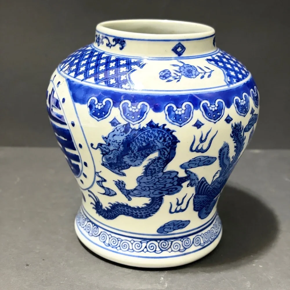 Chinese Blue White Porcelain Ginger Jar Vase Dbl Happiness Dragon Phoenix 7